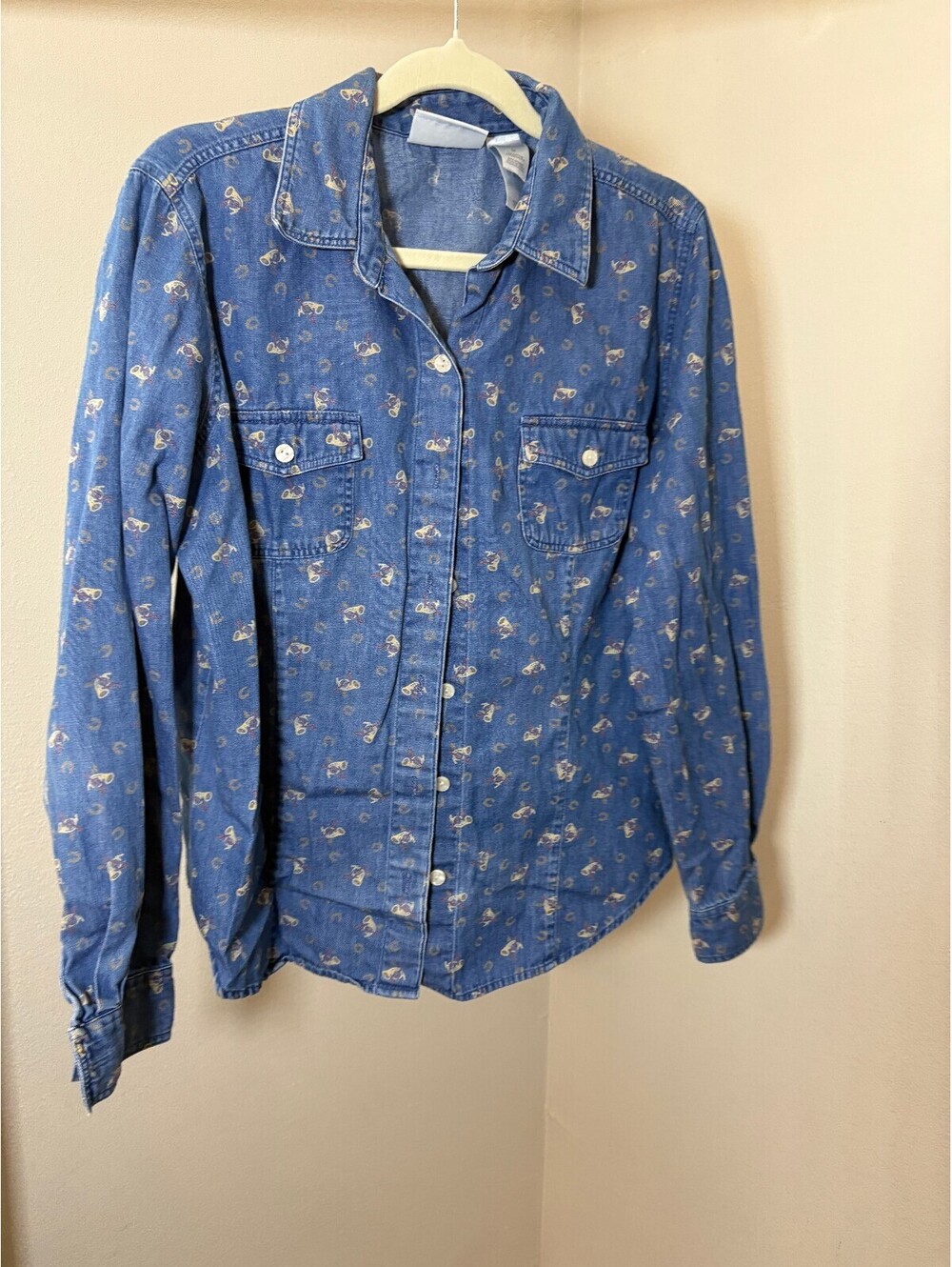 vintage Y2k Liz Claiborne Medium Blue Denim Shirt with All-Over Print